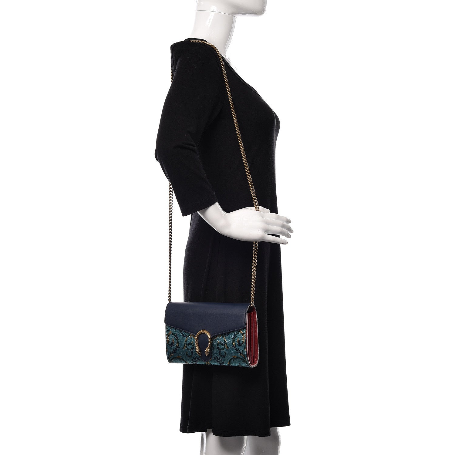 Gucci Metallic Brocade Calfskin Mini Dionysus Chain Wallet Black Blue Azure 2 of 14