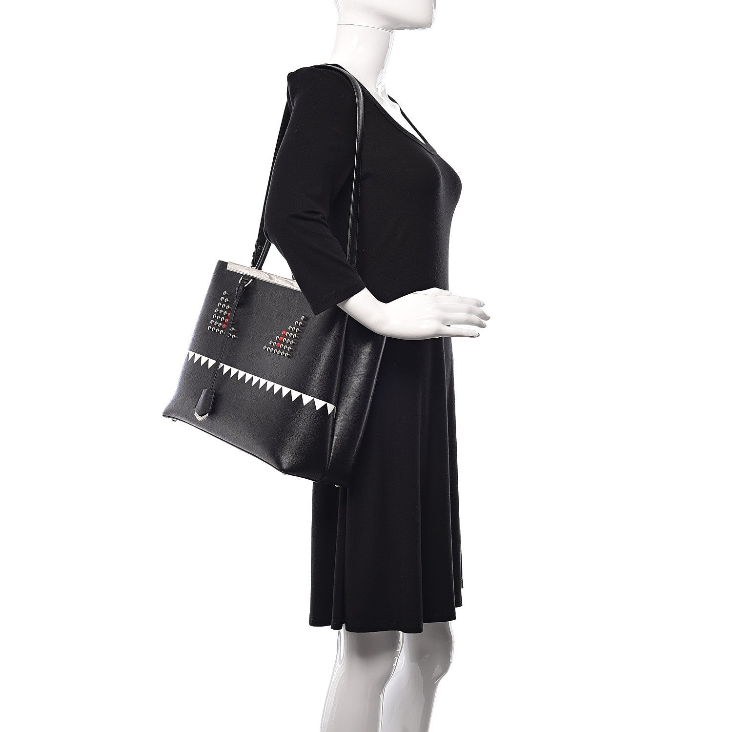 Fendi Vitello Elite Studded Monster Medium 2Jours Tote Black 2 of 13