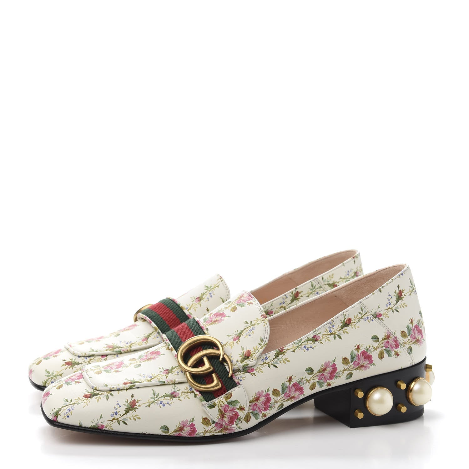 Gucci Calfskin Web Pearl Floral Embellished Peyton Loafer 39 White Multicolor 3 of 10