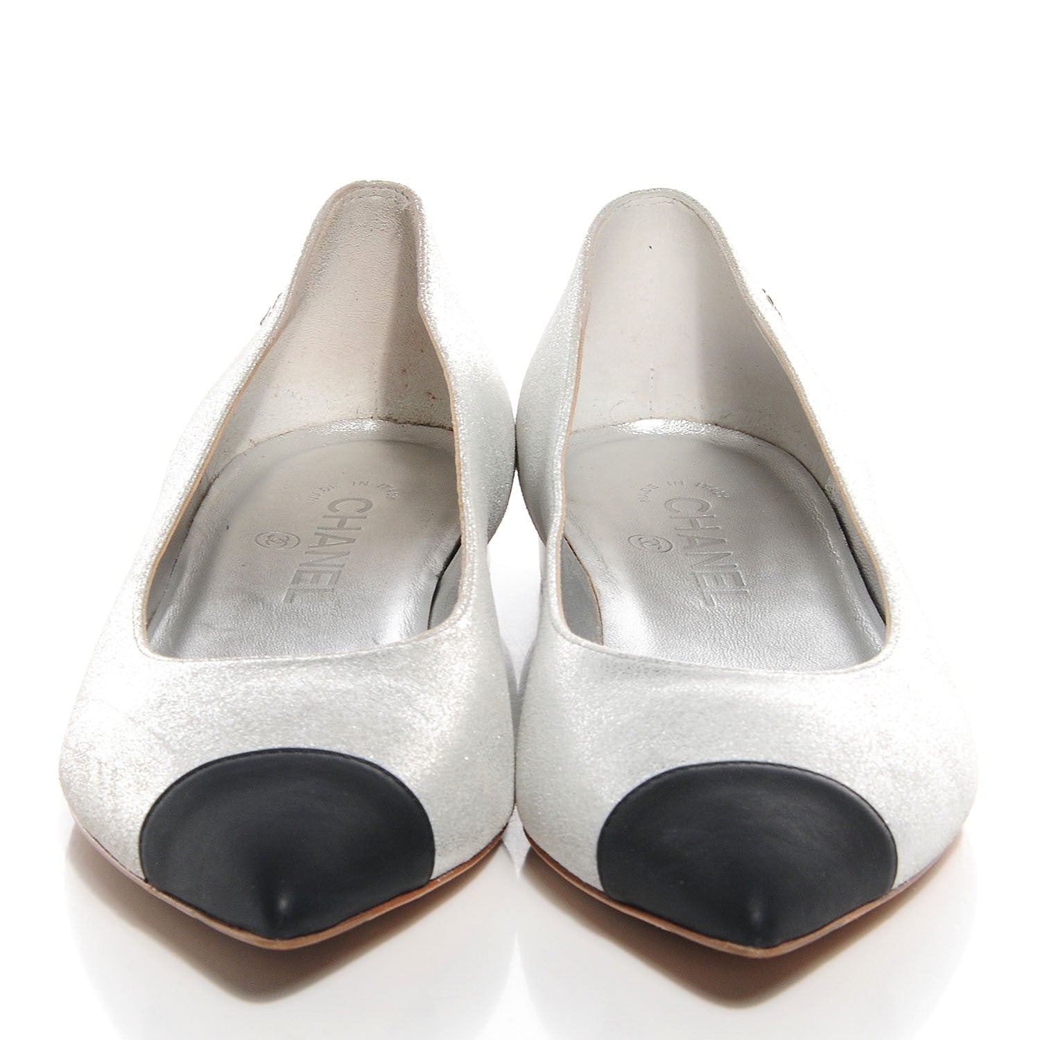 Chanel Metallic Lambskin Pointed Toe Ballerina Flats 39 Silver Black 2 of 6