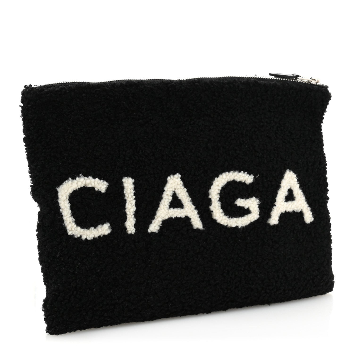 Balenciaga Sheepskin Shearling Contrasted Logo Large Zip Pouch Black 3 of 8