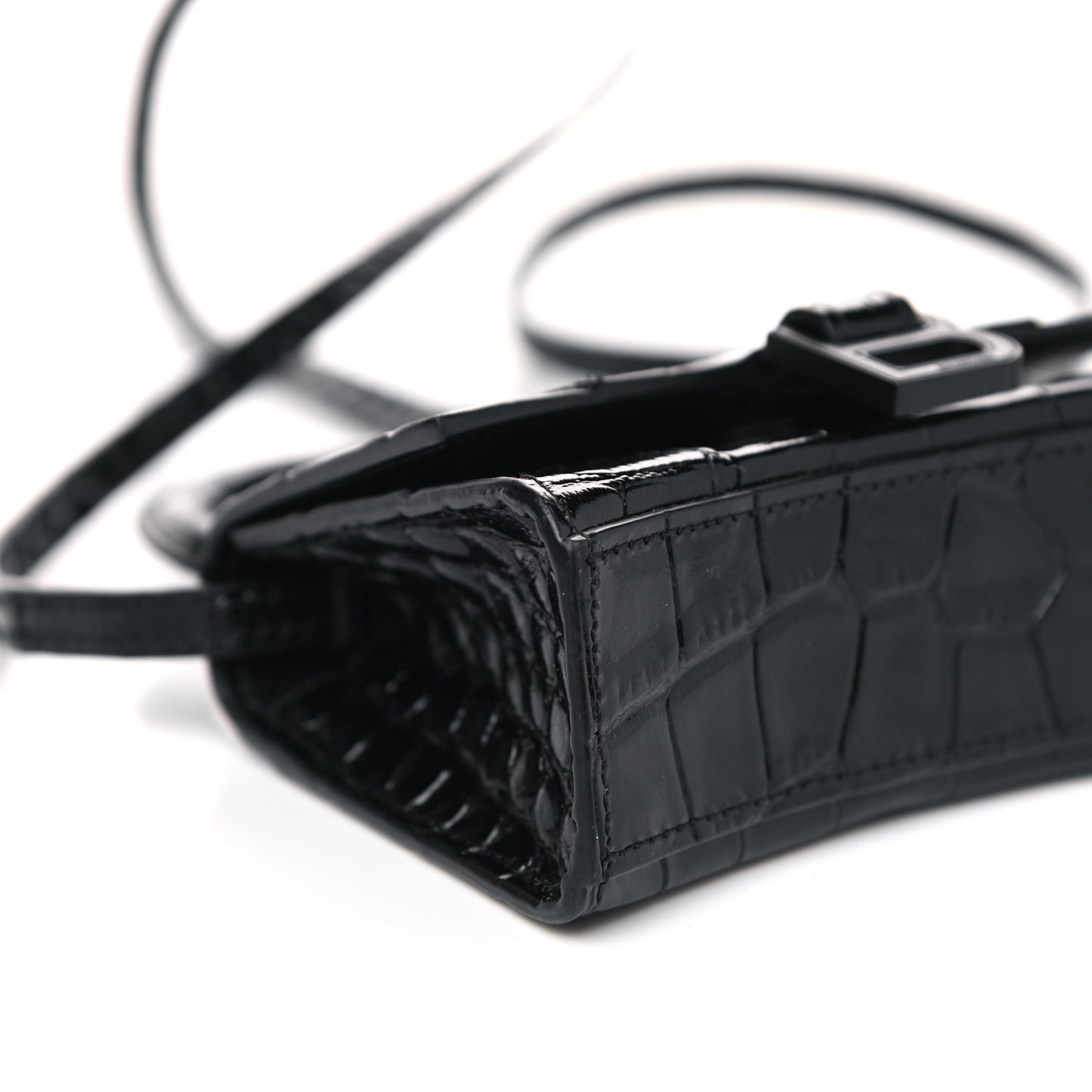 Shiny Calfskin Monochrome Crocodile Embossed Hourglass Top Handle Bag Mini Black