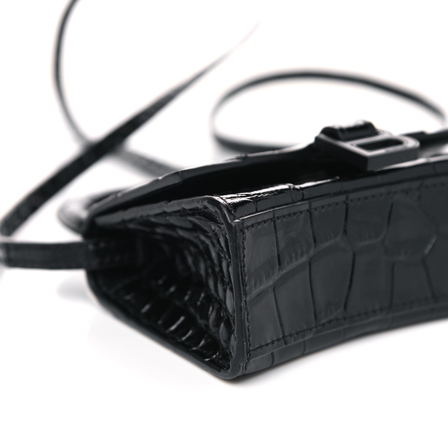 Balenciaga Shiny Calfskin Monochrome Crocodile Embossed Hourglass Top Handle Bag Mini Black 7 of 10