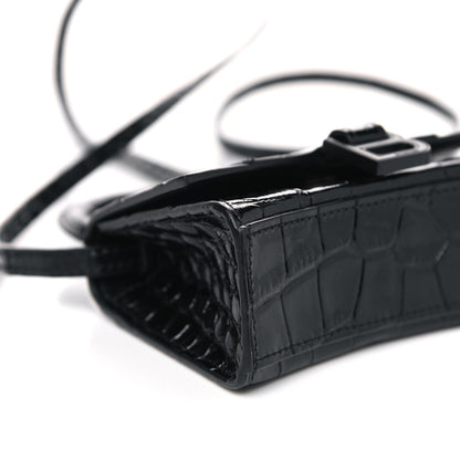 Balenciaga Shiny Calfskin Monochrome Crocodile Embossed Hourglass Top Handle Bag Mini Black 7 of 10