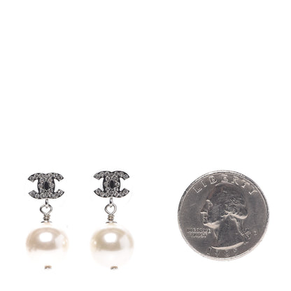 Chanel Crystal Pearl CC Drop Earrings Silver 2 of 5
