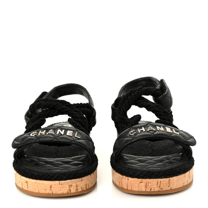 Chanel Cord Lambskin Quilted Logo Sandals 37 Black 3 of 11