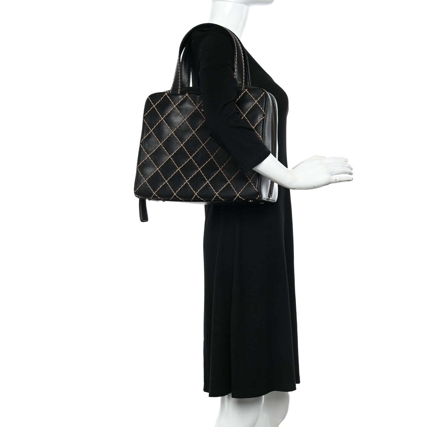Calfskin Wild Stitch Vertical Top Handle Bag Black