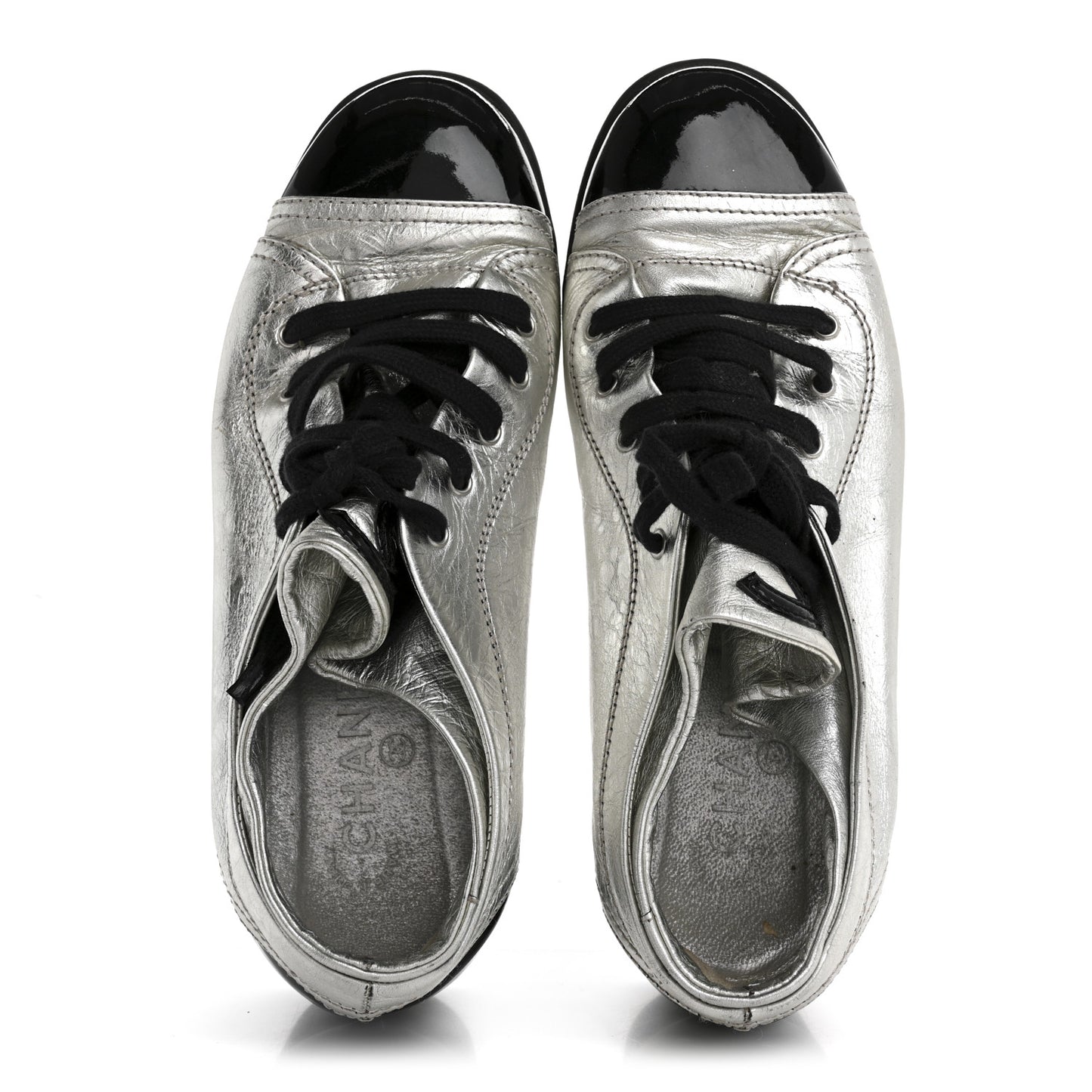 Metallic Lambskin Patent Cap Toe CC Sneakers 38.5 Silver Black