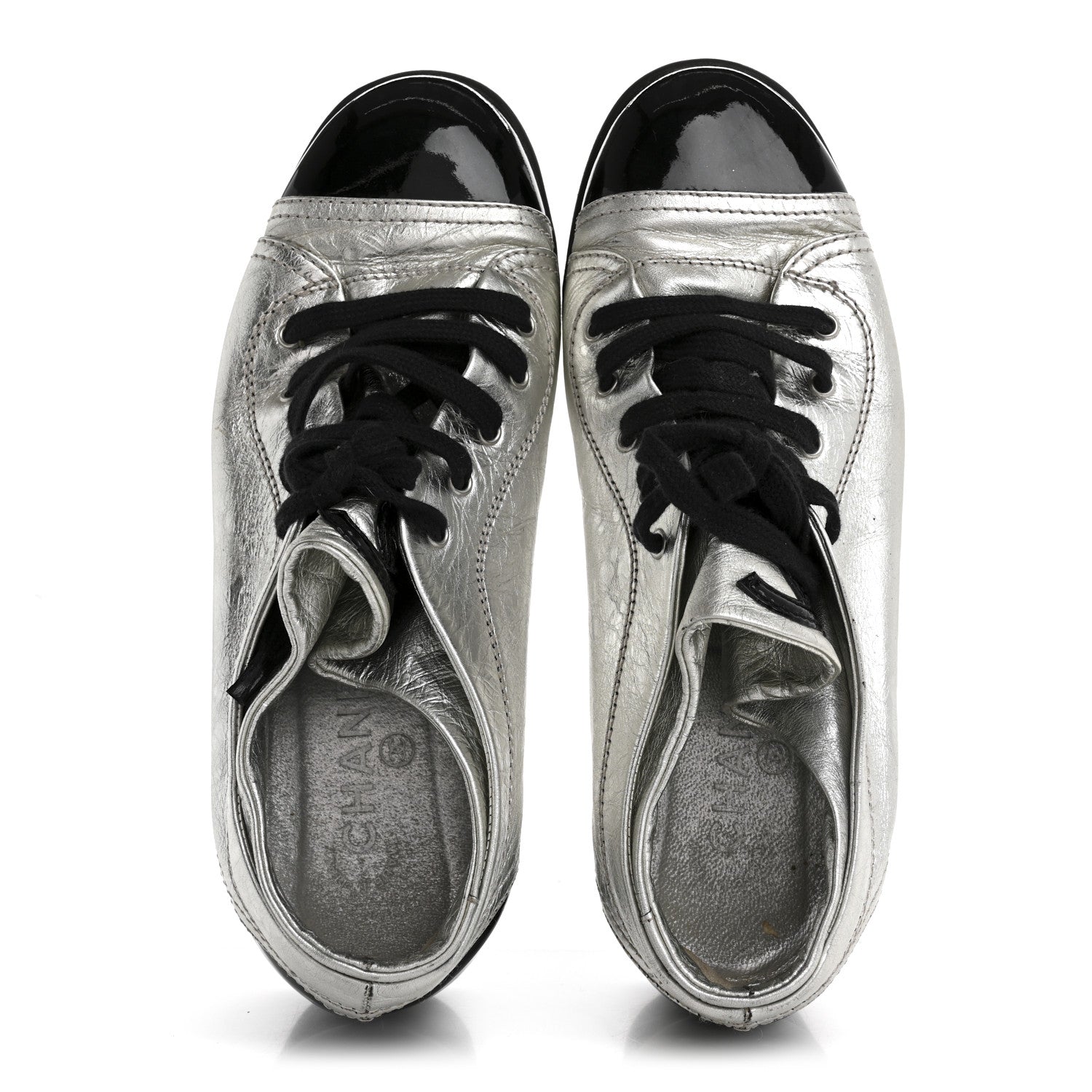 Chanel Metallic Lambskin Patent Cap Toe CC Sneakers 38.5 Silver Black 2 of 12