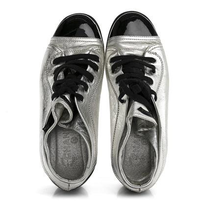 Chanel Metallic Lambskin Patent Cap Toe CC Sneakers 38.5 Silver Black 2 of 12