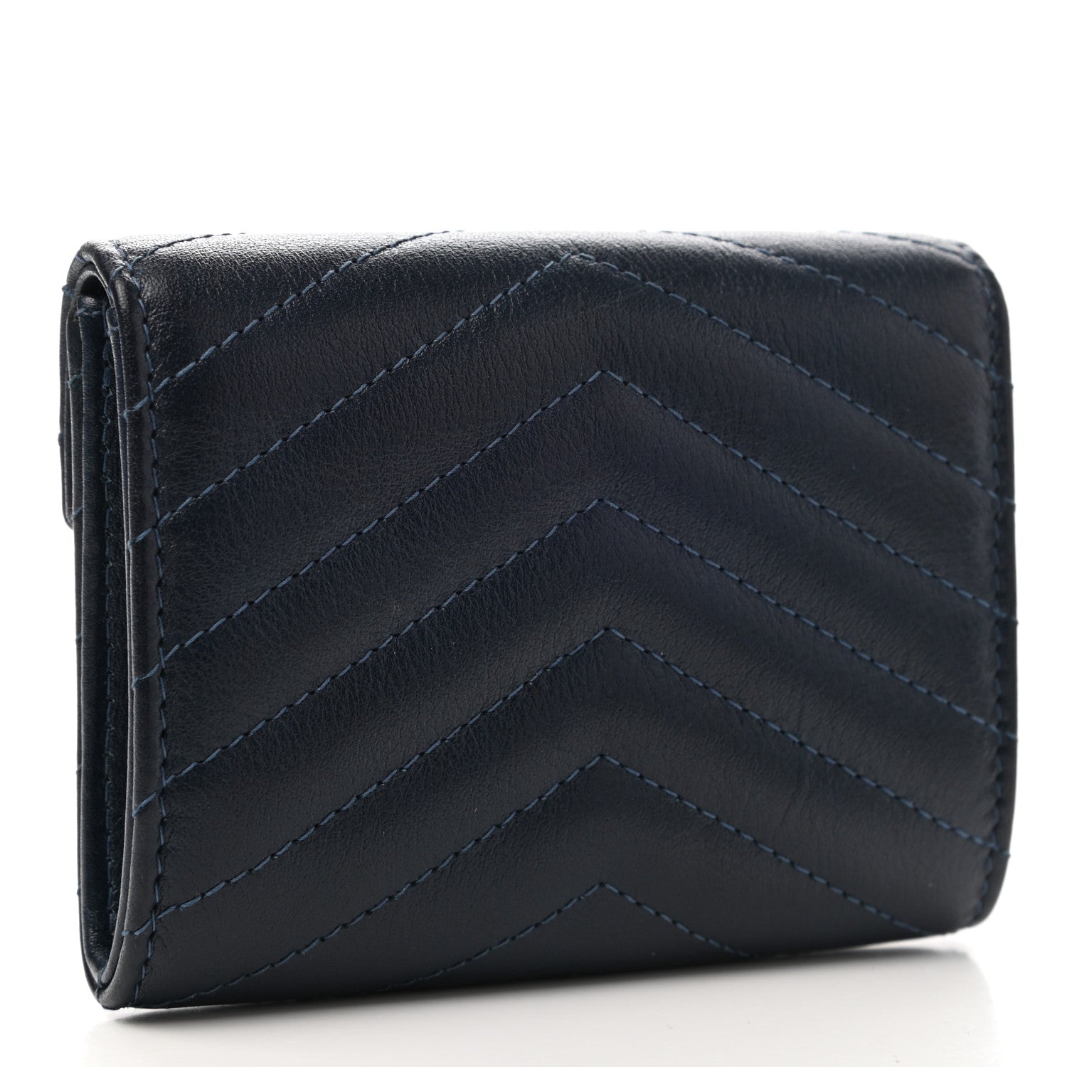 Chanel Goatskin Chevron Quilted Card Holder Flap Wallet Blue 3 of 9
