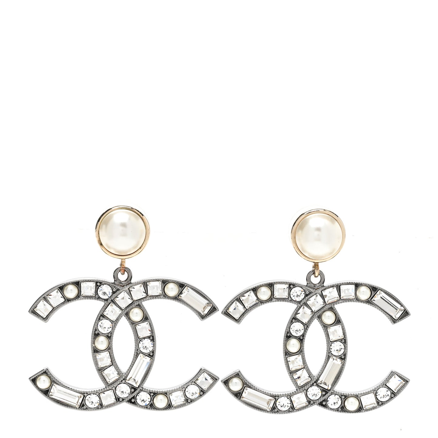 Crystal Baguette Pearl Bright Young Things CC Drop Earrings Silver