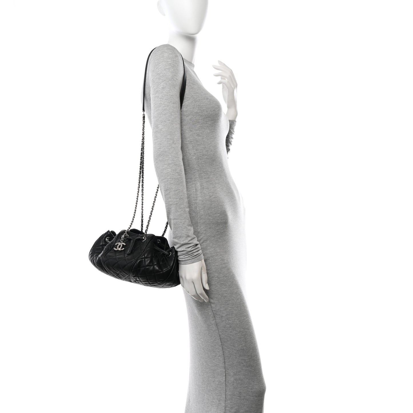 Calfskin Quilted Drawstring Sac Cordon Bag Black