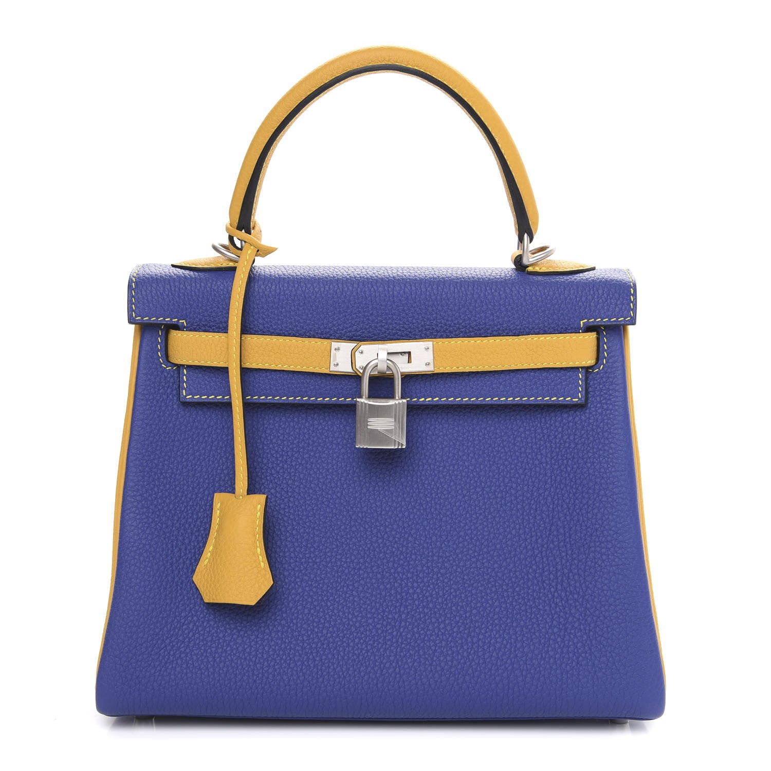 Hermes Togo Horseshoe Kelly Retourne 25 Bleu Electrique Jaune Ambre 1 of 11
