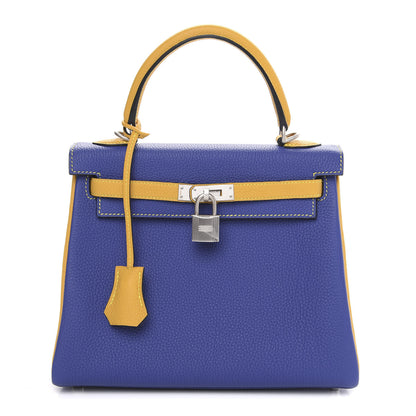 Hermes Togo Horseshoe Kelly Retourne 25 Bleu Electrique Jaune Ambre 1 of 11