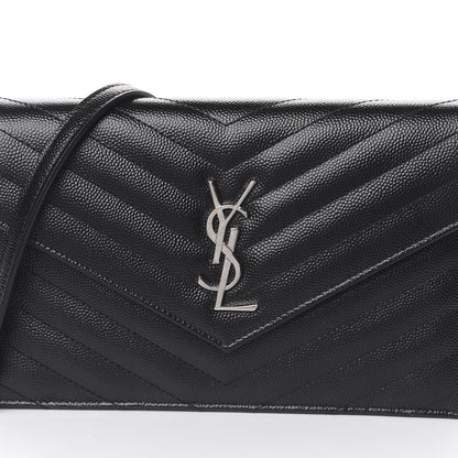 Saint Laurent Grain De Poudre Matelasse Chevron Monogram Envelope Chain Wallet Black 11 of 12