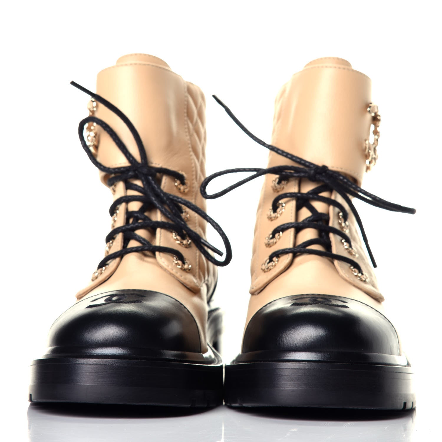 Chanel Lambskin Calfskin Quilted Lace Up Combat Boots 39.5 Beige Black 2 of 7