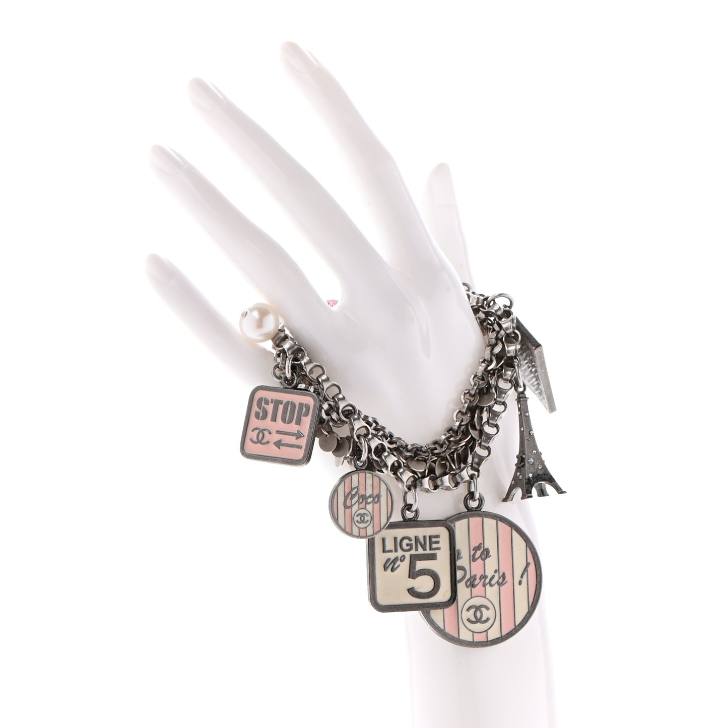 Enamel Crystal Pearl Paris Souvenirs Charm Bracelet Silver Rose White