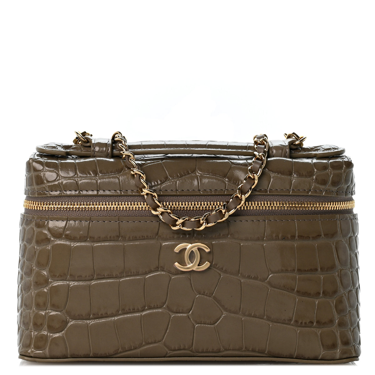 Chanel Calfskin Crocodile Embossed Top Handle Trapeze Small Vanity Case With Chain  Dark Khaki 1 of 10