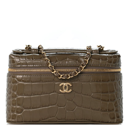 Chanel Calfskin Crocodile Embossed Top Handle Trapeze Small Vanity Case With Chain  Dark Khaki 1 of 10