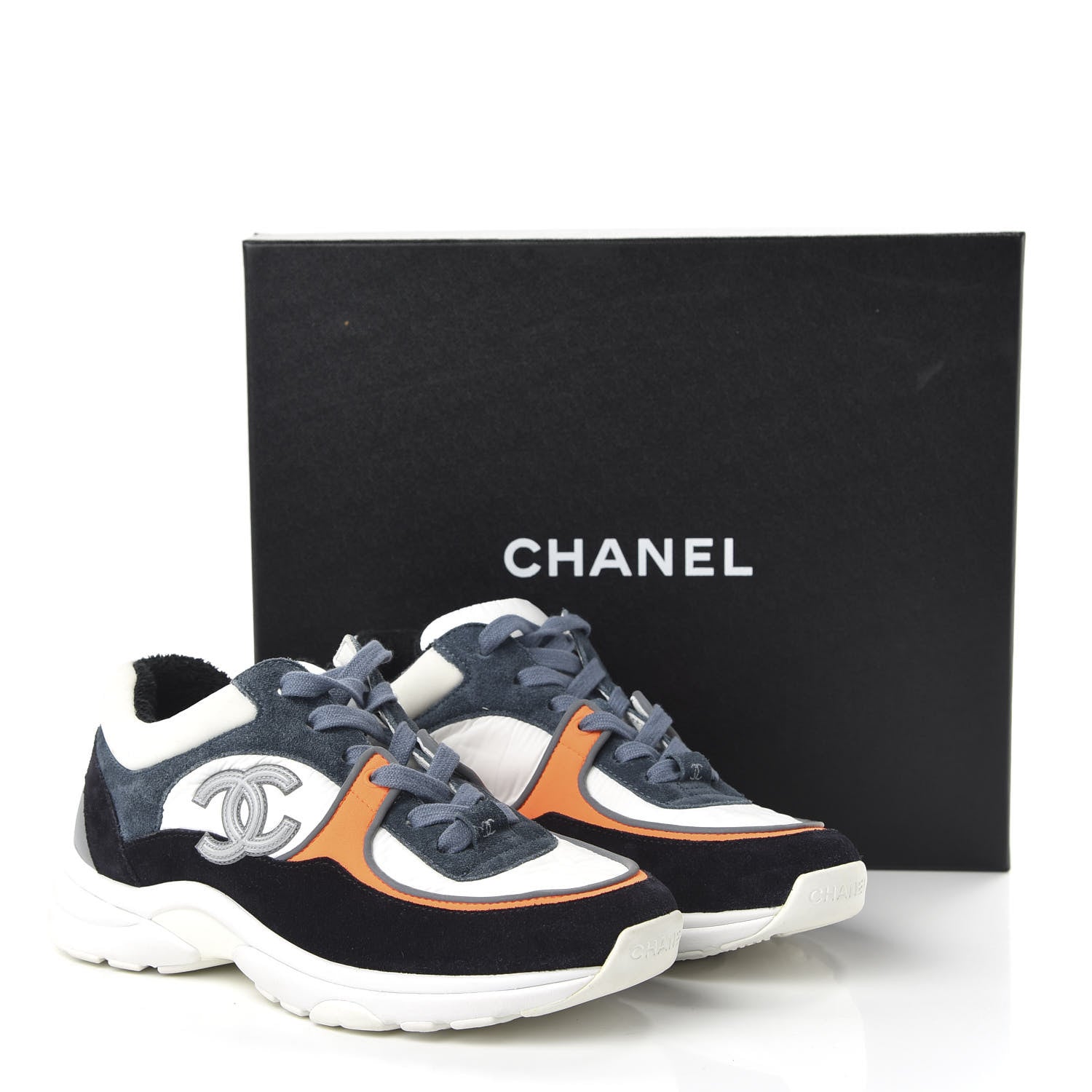Chanel Nylon Calfskin Suede CC Womens Sneakers 36 Navy White Orange 9 of 10