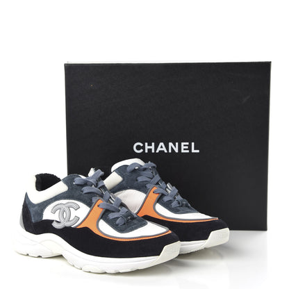 Chanel Nylon Calfskin Suede CC Womens Sneakers 36 Navy White Orange 9 of 10