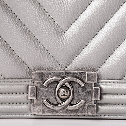 Chanel Metallic Caviar Chevron Quilted Medium Boy Flap Silver 10 of 11