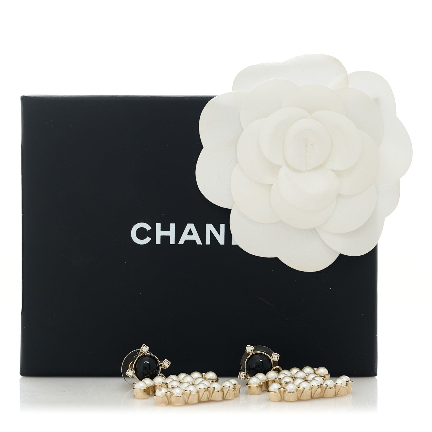 Resin Crystal Pearl CC Drop Earrings Black Gold
