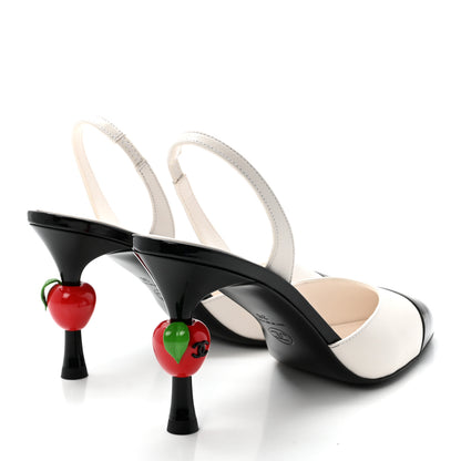 Chanel Lambskin Patent Calfskin Cap Toe CC Apple Slingback Pumps 38 White Black 5 of 10