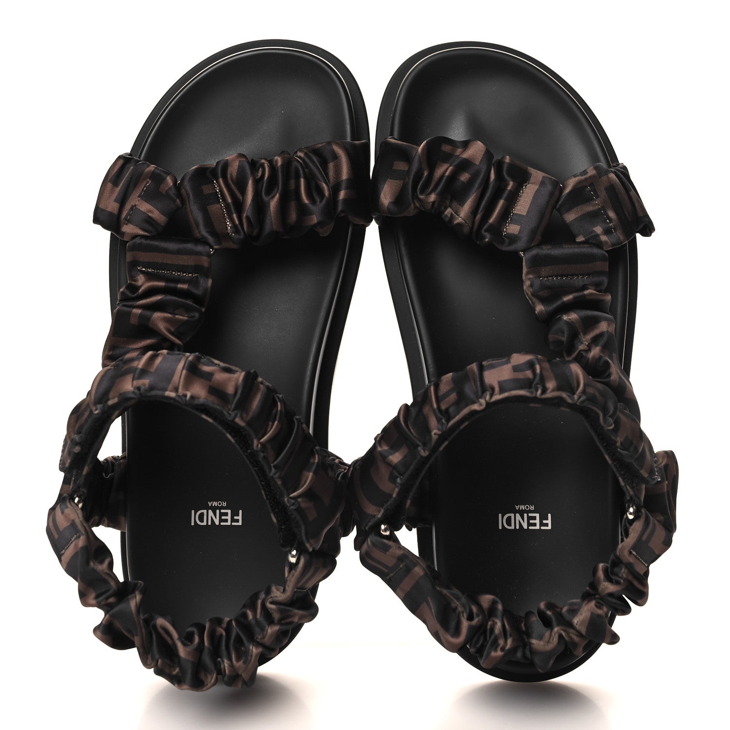 Fendi Satin FF Ruched Sandals 39.5 Tobacco Black 2 of 8