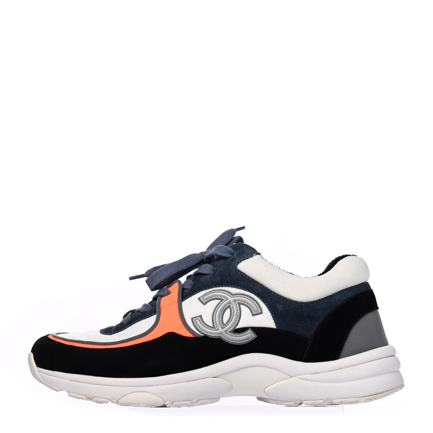 Chanel Nylon Calfskin Suede CC Womens Sneakers 39 Navy White Orange 1 of 4