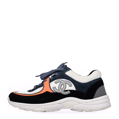 Chanel Nylon Calfskin Suede CC Womens Sneakers 39 Navy White Orange 1 of 4