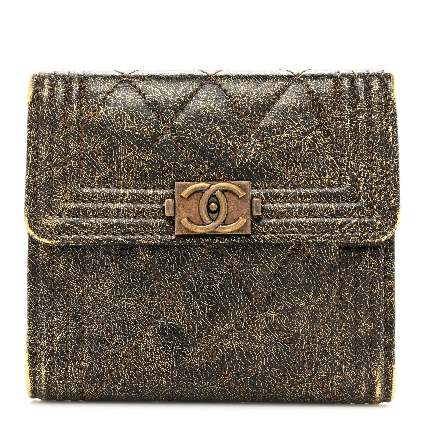 Cracked Metallic Calfskin Quilted Compact Boy Wallet Gold