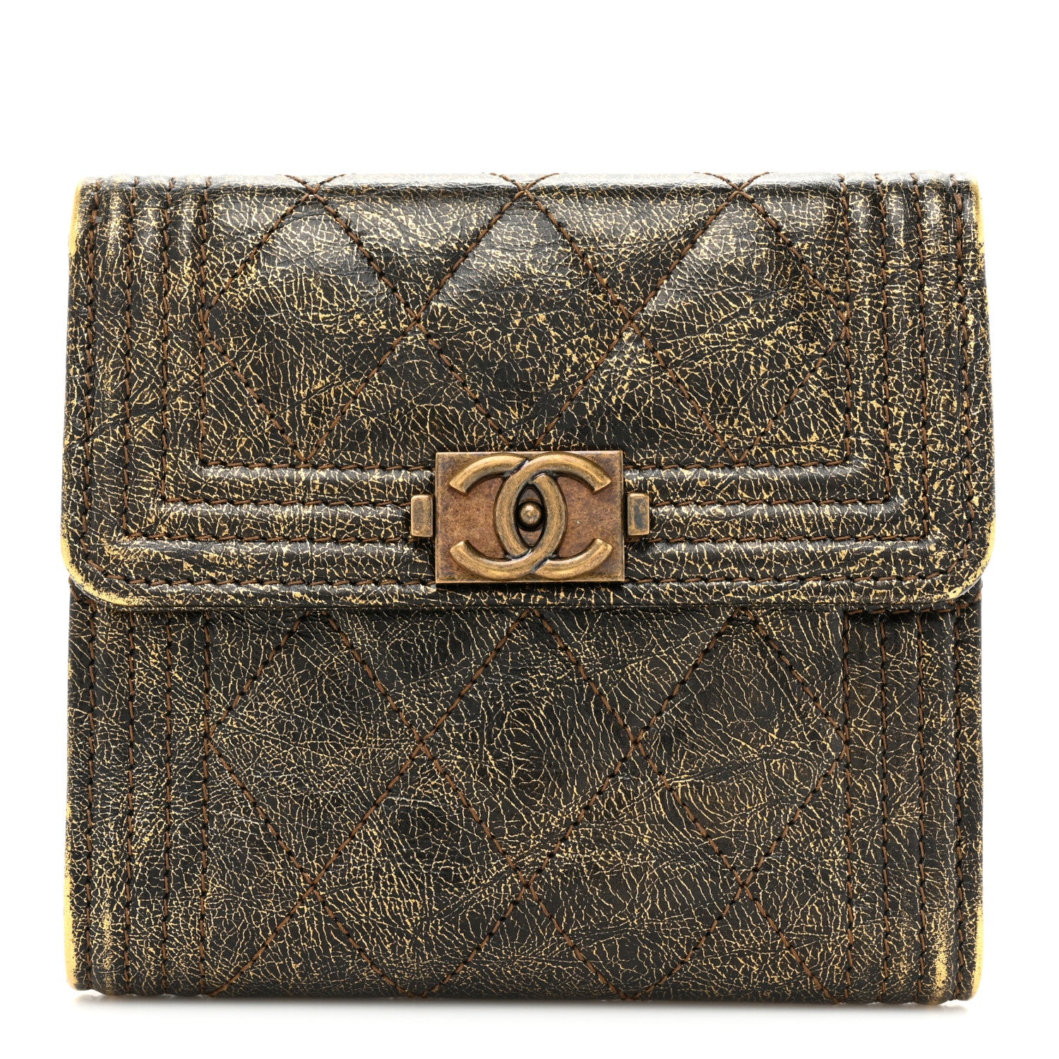 Chanel Cracked Metallic Calfskin Quilted Compact Boy Wallet Gold 1 of 17