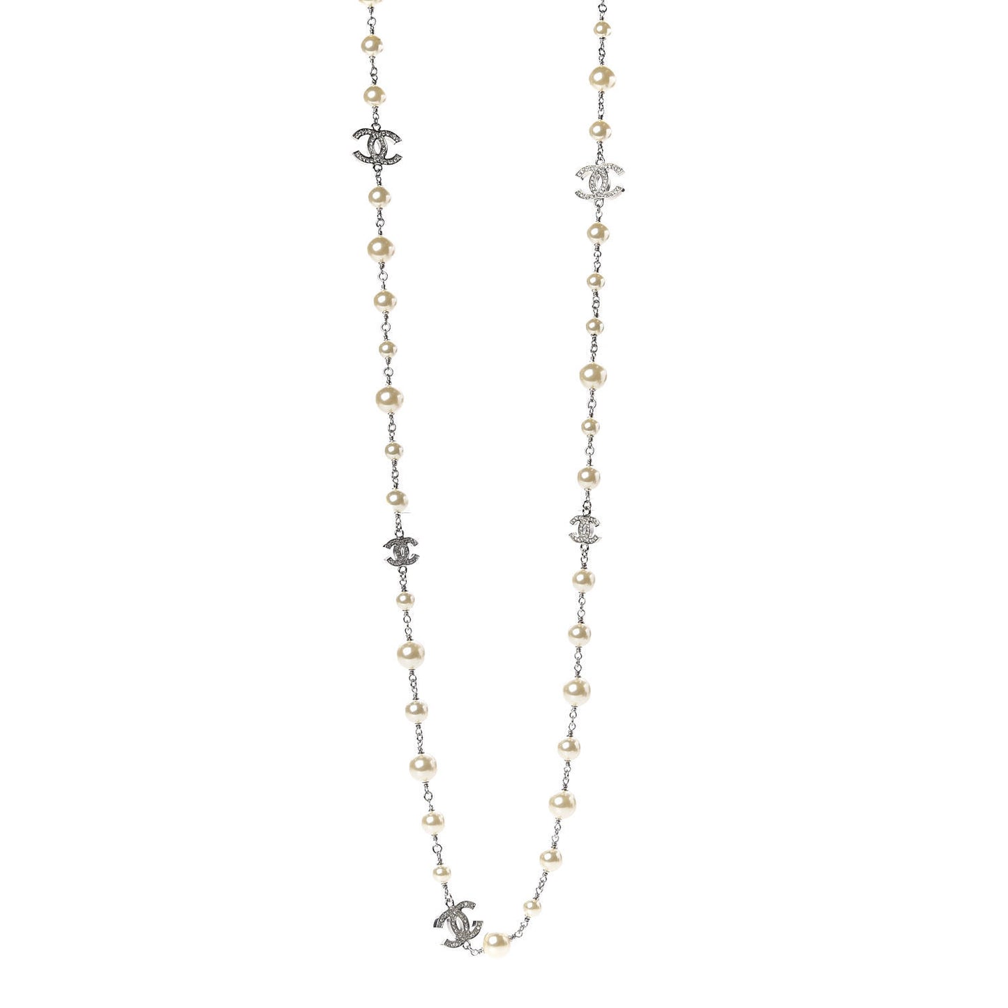Crystal Pearl CC Long Necklace Silver