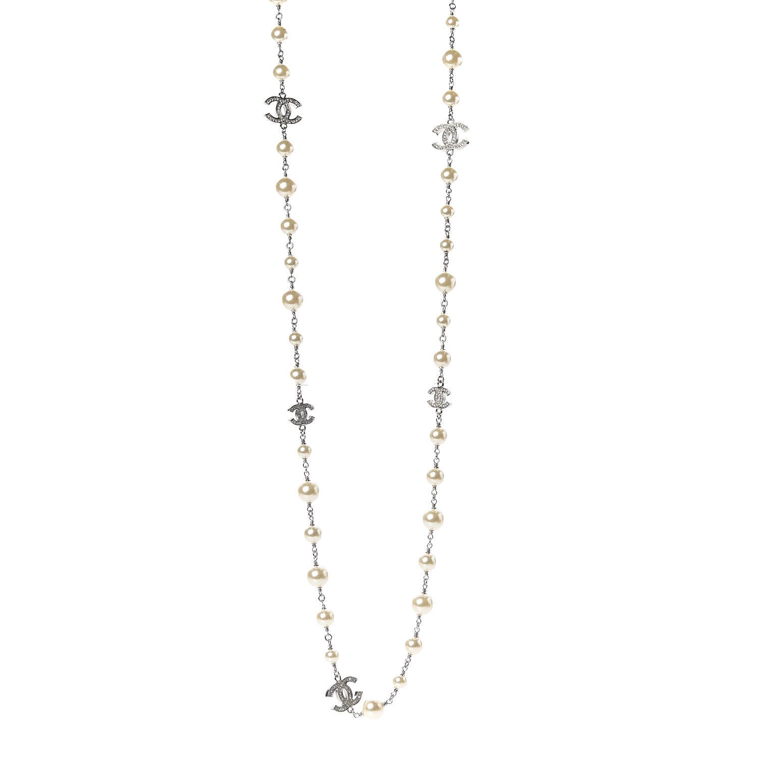Chanel Crystal Pearl CC Long Necklace Silver 1 of 6