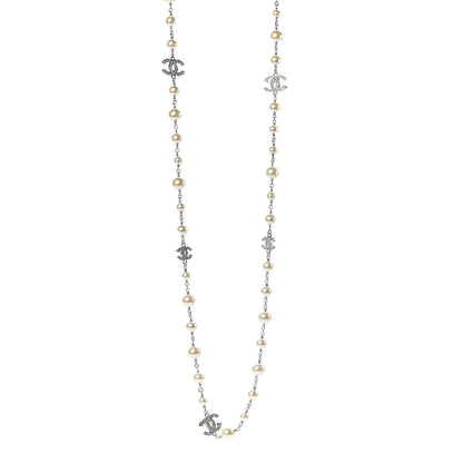 Chanel Crystal Pearl CC Long Necklace Silver 1 of 6