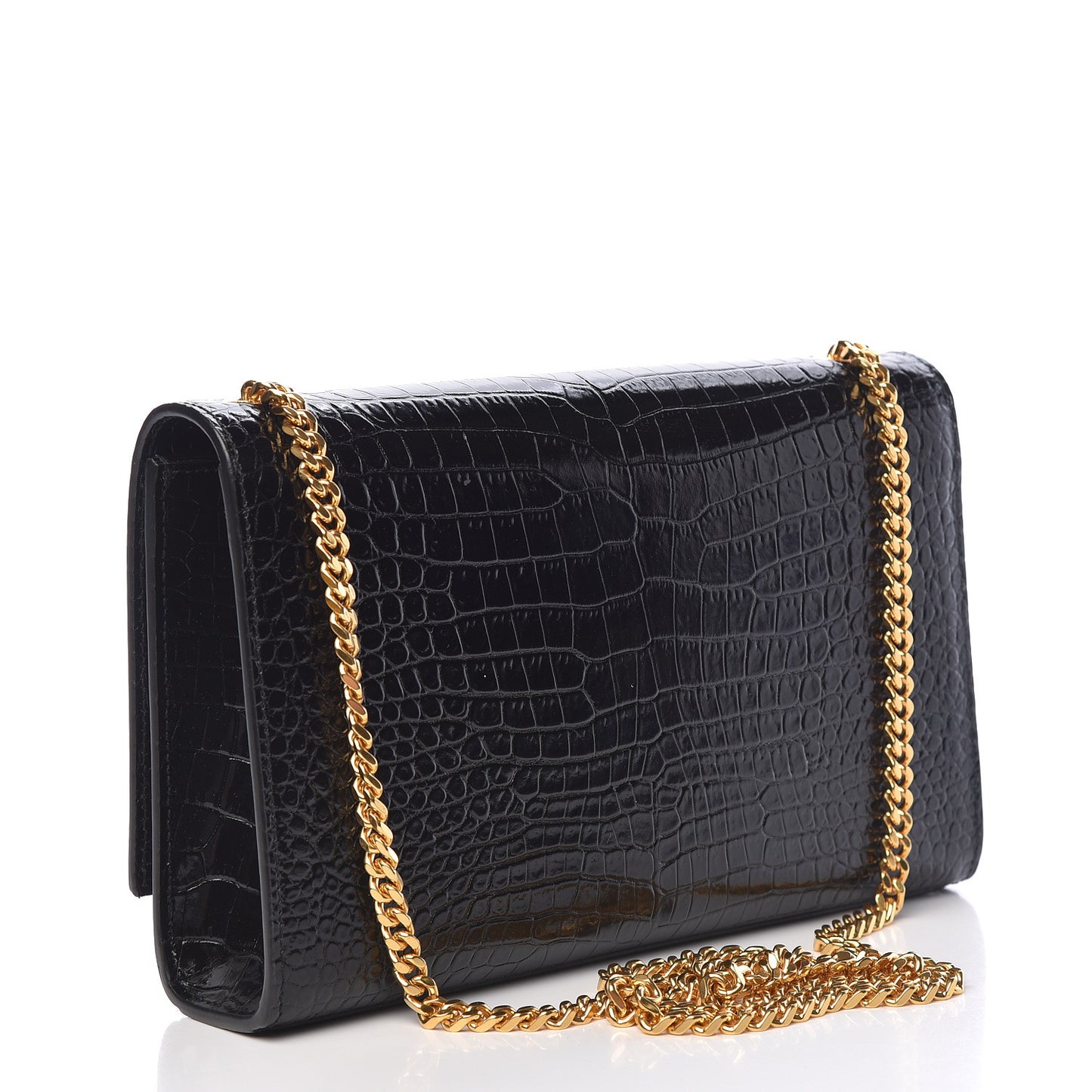 Calfskin Crocodile Embossed Medium Classic Monogram Kate Tassel Satchel Black