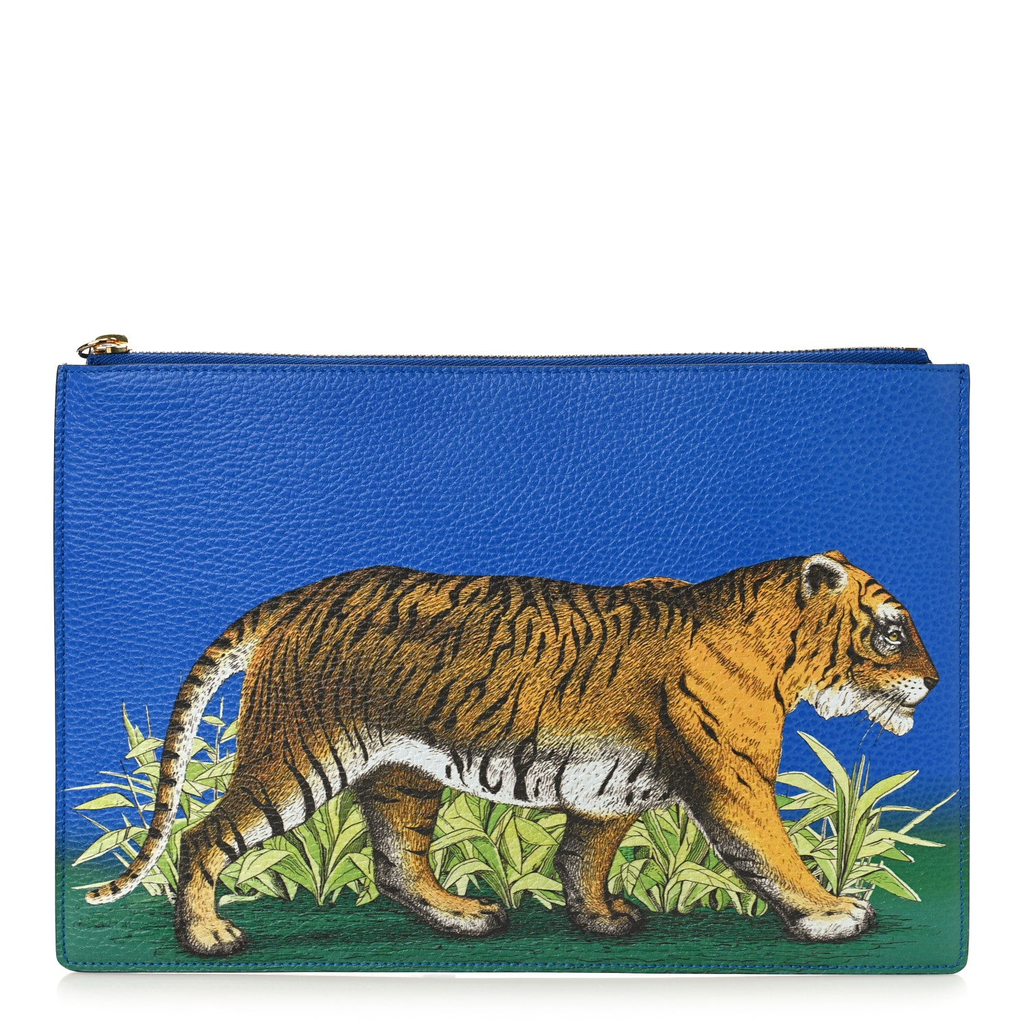 Gucci Pebbled Calfskin Tiger Print Zip Clutch Dark Sky 1 of 9