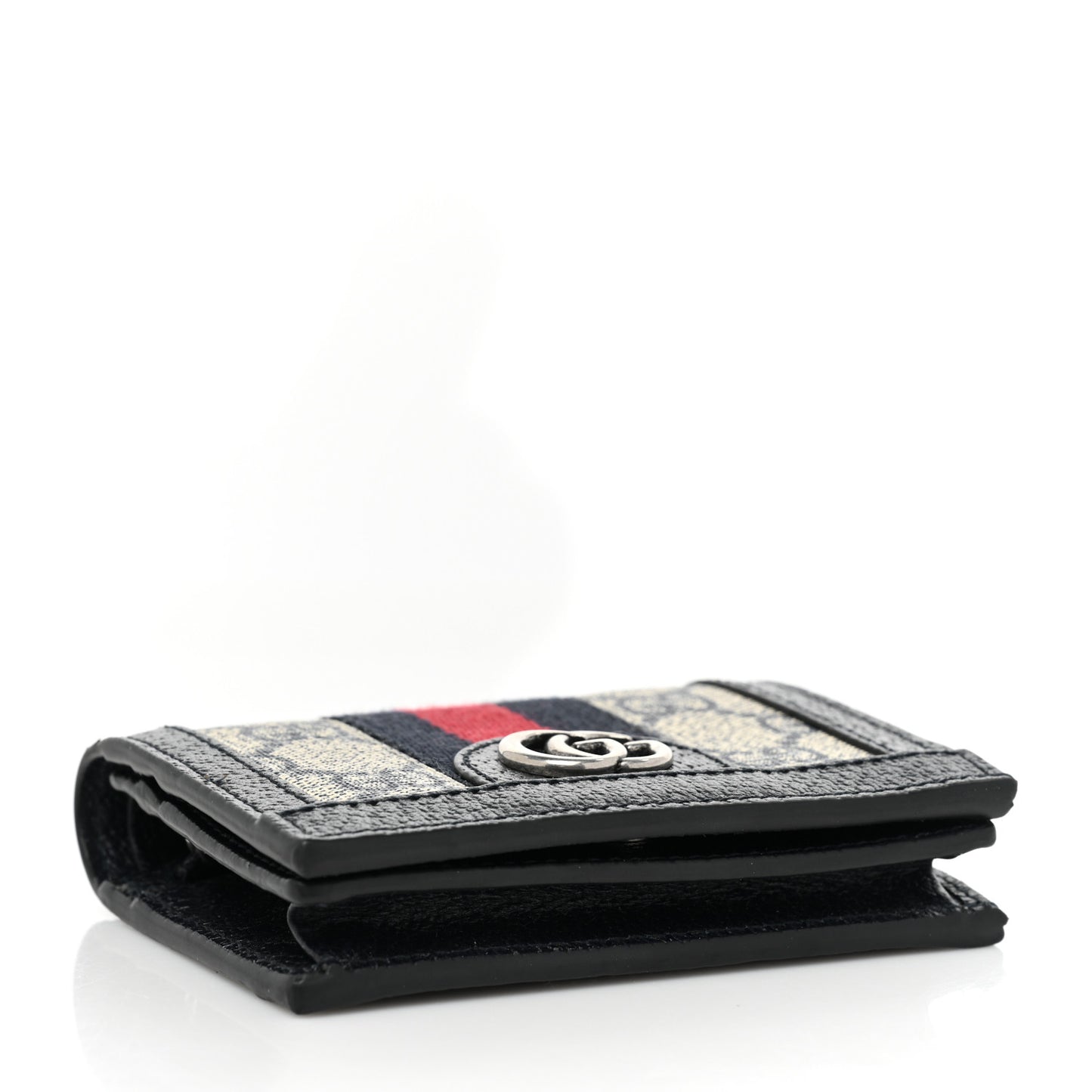 GG Supreme Monogram Textured Dollar Calfskin Web Ophidia Card Case Beige Blue