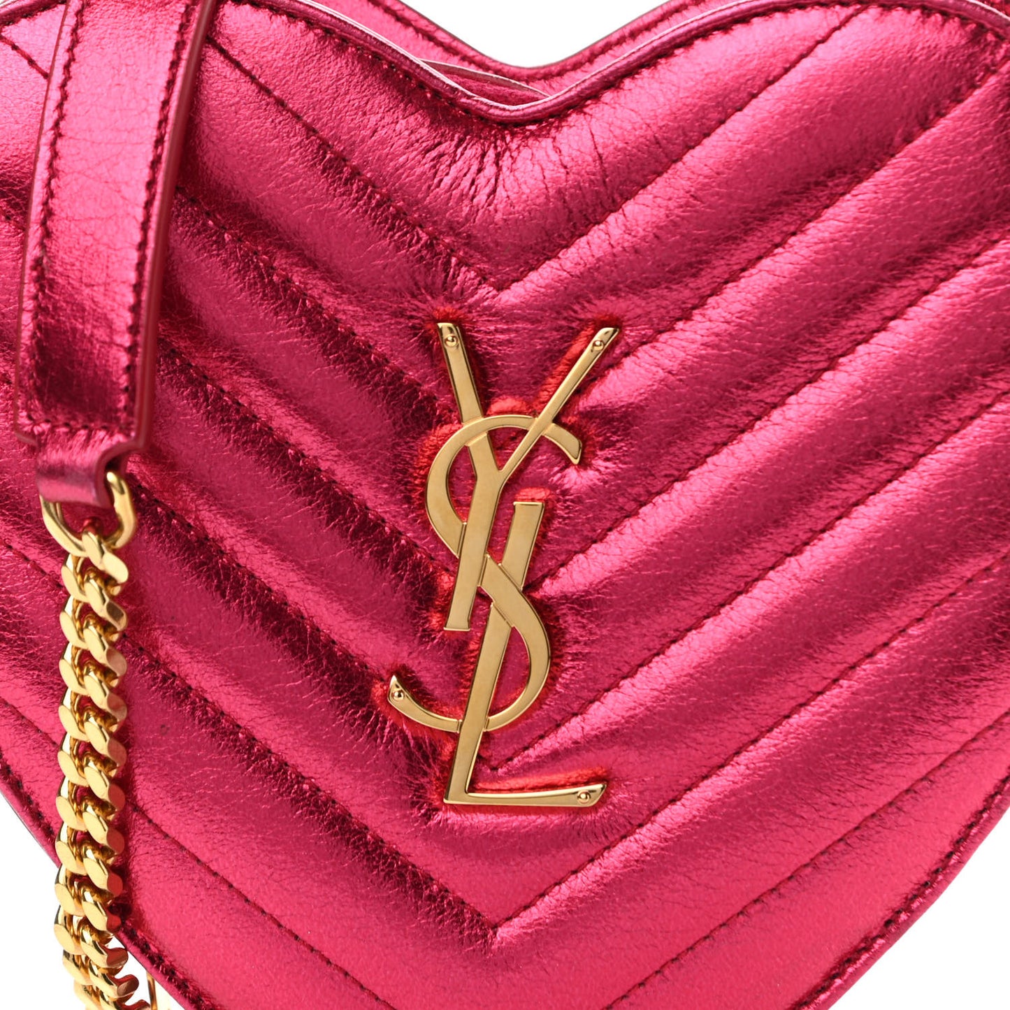 Metallic Calfskin Matelasse Chevron Monogram Small Love Heart Chain Bag Red