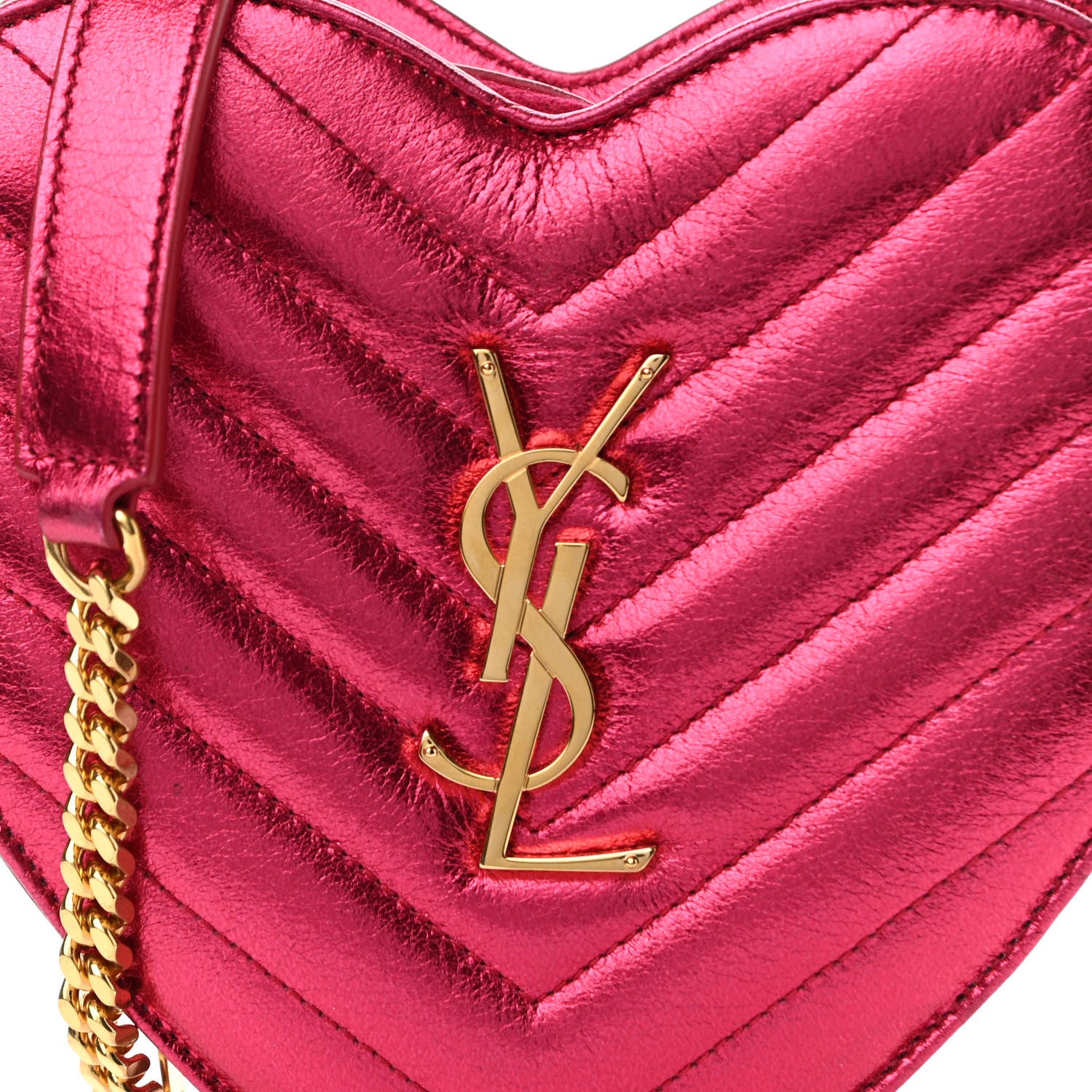 Saint Laurent Metallic Calfskin Matelasse Chevron Monogram Small Love Heart Chain Bag Red 8 of 14