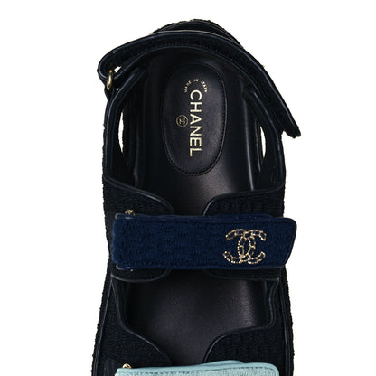 Chanel Knit Fabric Velcro Dad Sandals 41 Black Dark Blue Light Blue 7 of 8