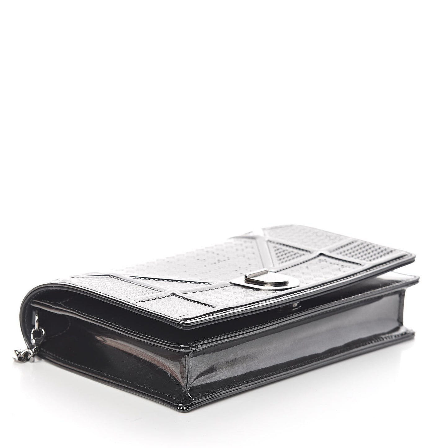 Metallic Patent Micro-Cannage Diorama Wallet on Chain Pouch Onyx Black