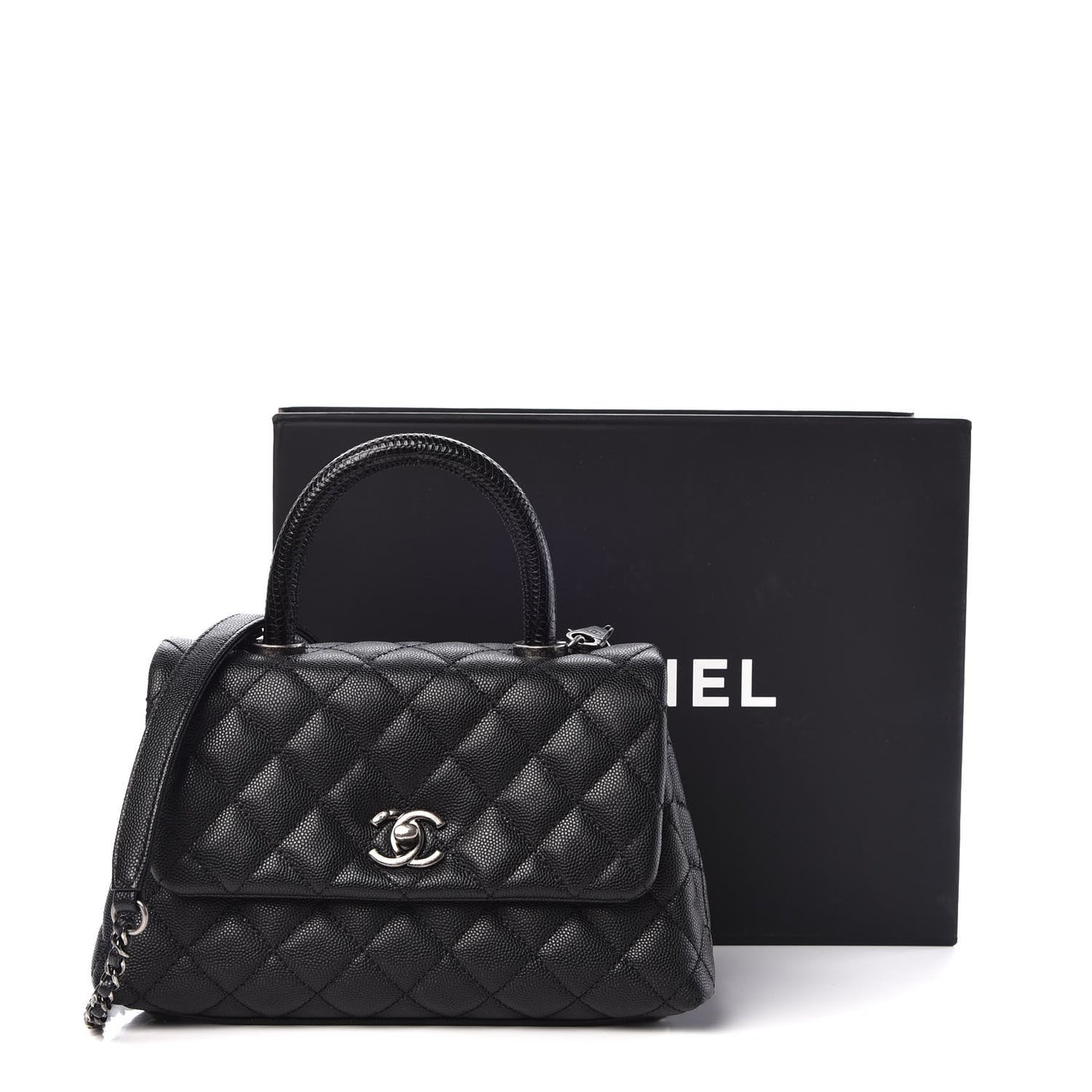 Caviar Lizard Quilted Mini Coco Handle Flap Black