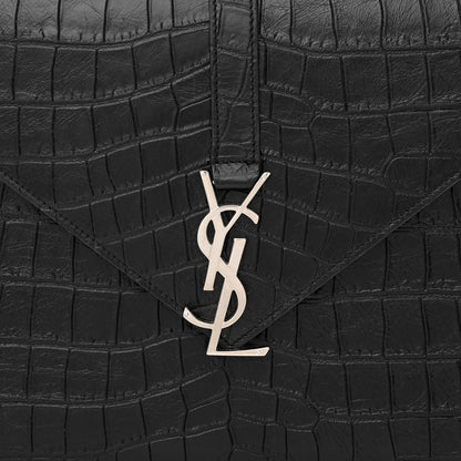 Saint Laurent Calfskin Crocodile Embossed Large Monogram Envelope Chain Shoulder Bag Black 8 of 10