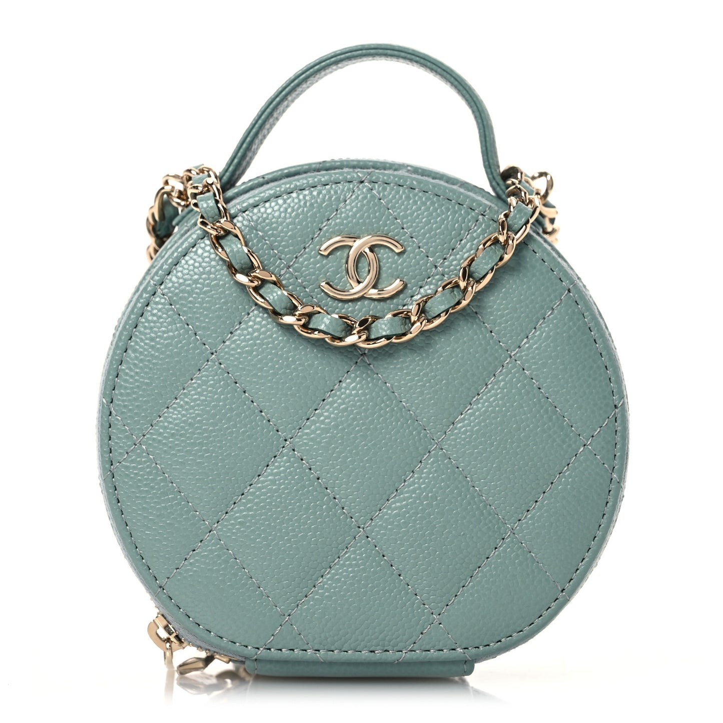 Caviar Quilted Round Handle With Care Vanity With Chain Blue