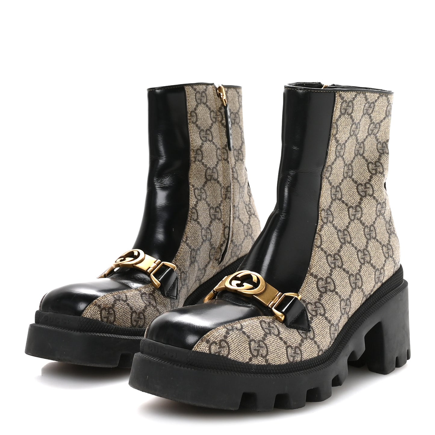 GG Supreme Monogram Magnum Calfskin Interlocking G Womens Lug Sole Ankle Boots 37 Beige Ebony Black