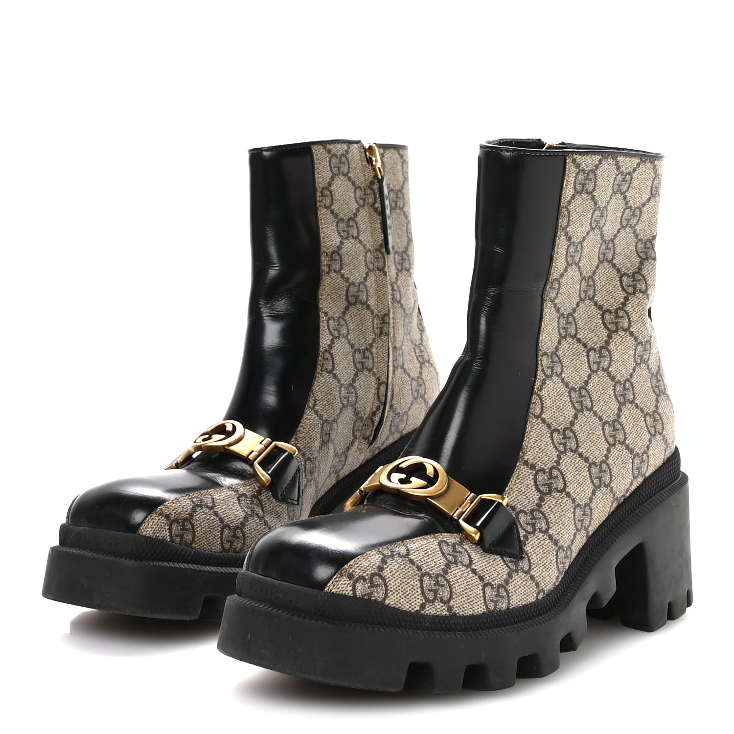 Gucci GG Supreme Monogram Magnum Calfskin Interlocking G Womens Lug Sole Ankle Boots 37 Beige Ebony Black 4 of 8