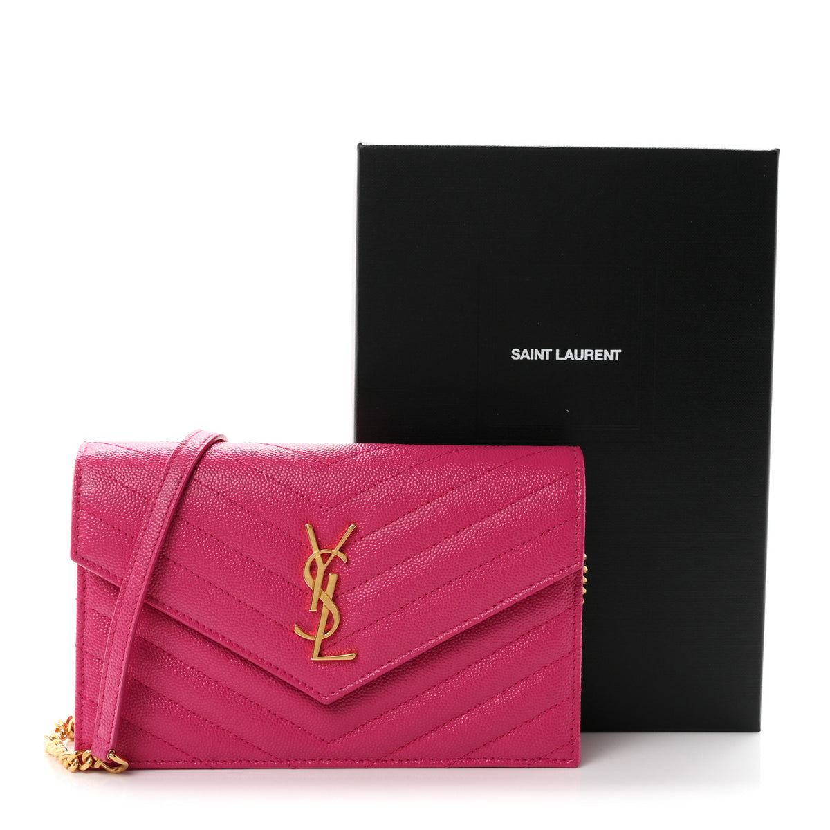 Saint Laurent Grain De Poudre Matelasse Chevron Monogram Envelope Chain Wallet Fuxia Couture 12 of 12